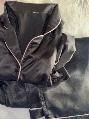 XSMALL Black Satin Pajama Set with Pink Piping Bridesmaids Gift no brand